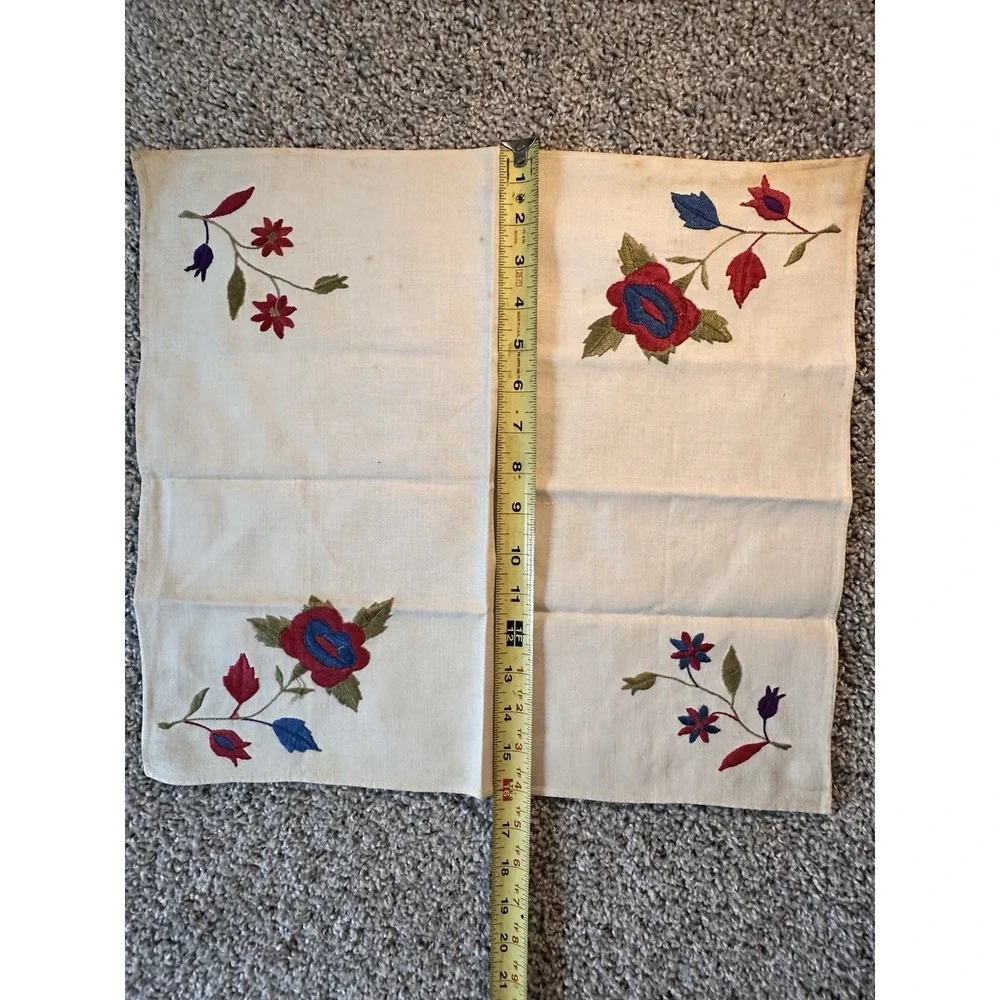 Vintage hand embroidered napkin With  Red Flowers‎ Beautiful